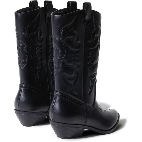 Women Polyurethane Black Mid Calf Low Heel Pointed Toe Cowgirl Western Boot - Picture 5 of 9